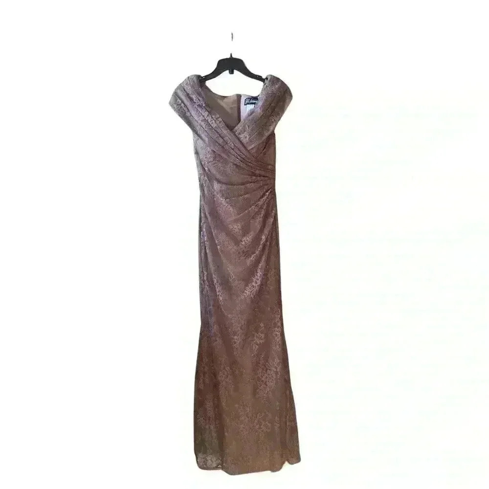 NEW La Femme Lace Overlay rhinestone off shoulder cap sleeve cocoa dress gown 2 - Picture 3 of 12